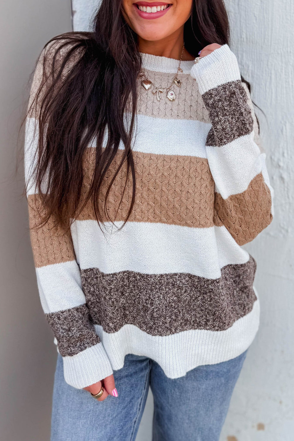 Brown Mixed Texture Knit Striped Colorblock Loose Sweater Sweaters bd72087af18d60f2