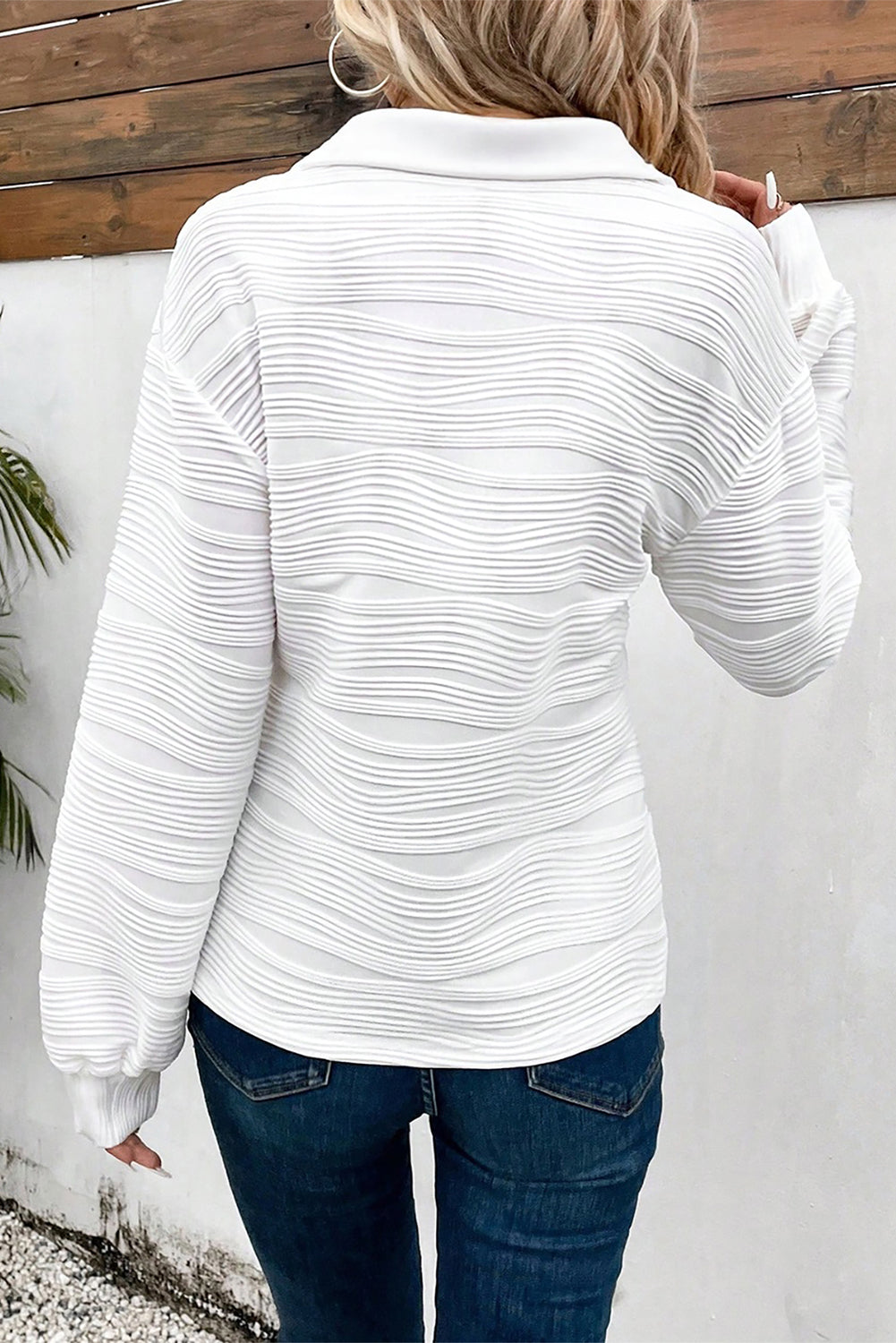 White Solid Color Zipper V Neck Pullover Sweatshirt Sweatshirts & Hoodies bd785f0fdd291bc5