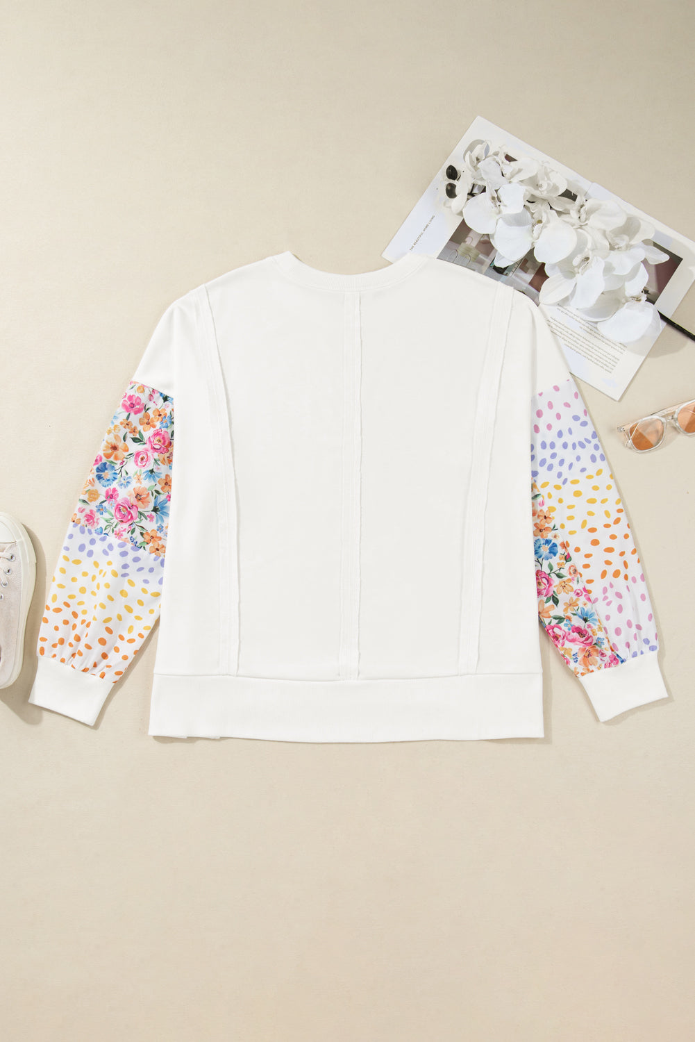 White Plus Size Exposed Seam Detail Contrast Dot Floral Patchwork Sleeve Sweatshirt Plus Size Tops bdf3309ef36dcb0a