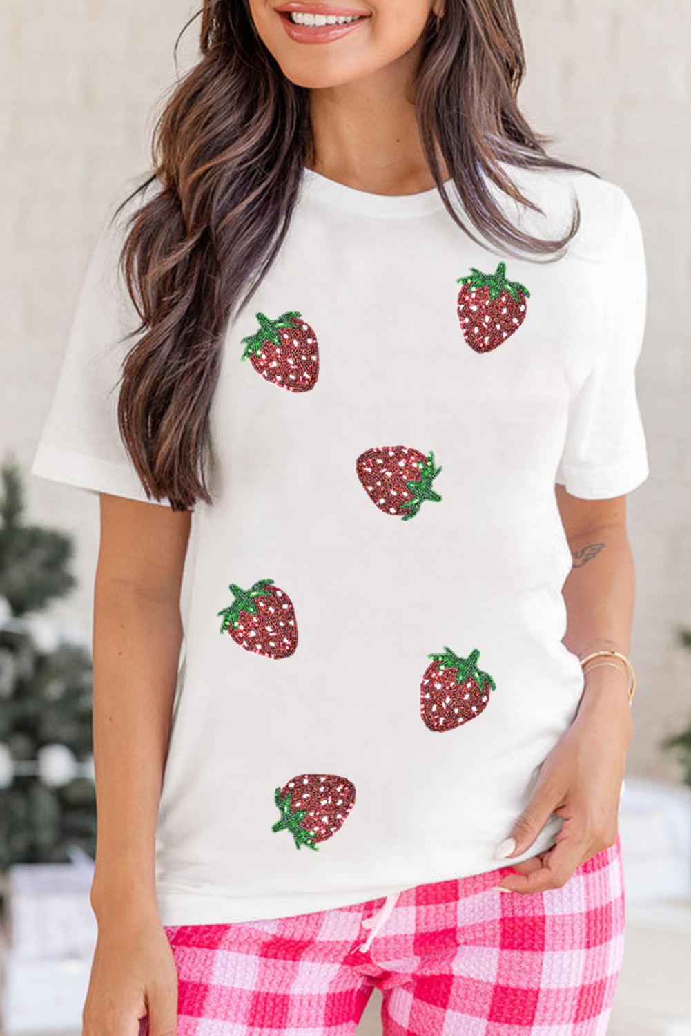 White Sequin Strawberry Patched Crew Neck T Shirt Graphic Tees be00690b004aa6df