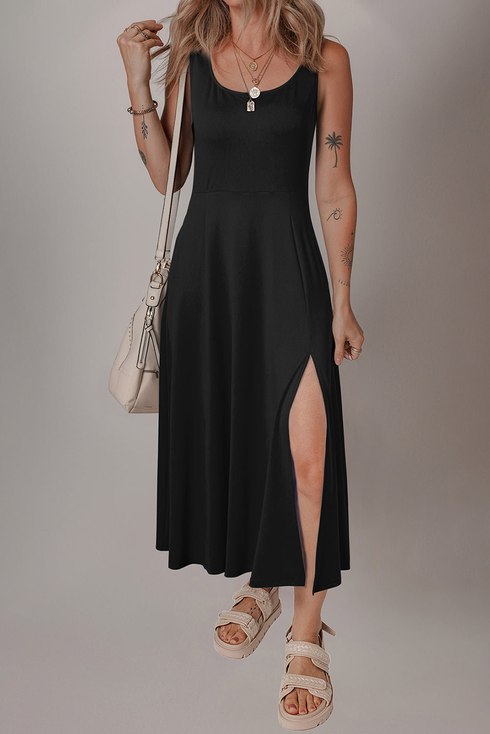 Black Sleeveless Scoop Neck Flared Split Midi Dress Midi Dresses be0483d56b736ffe