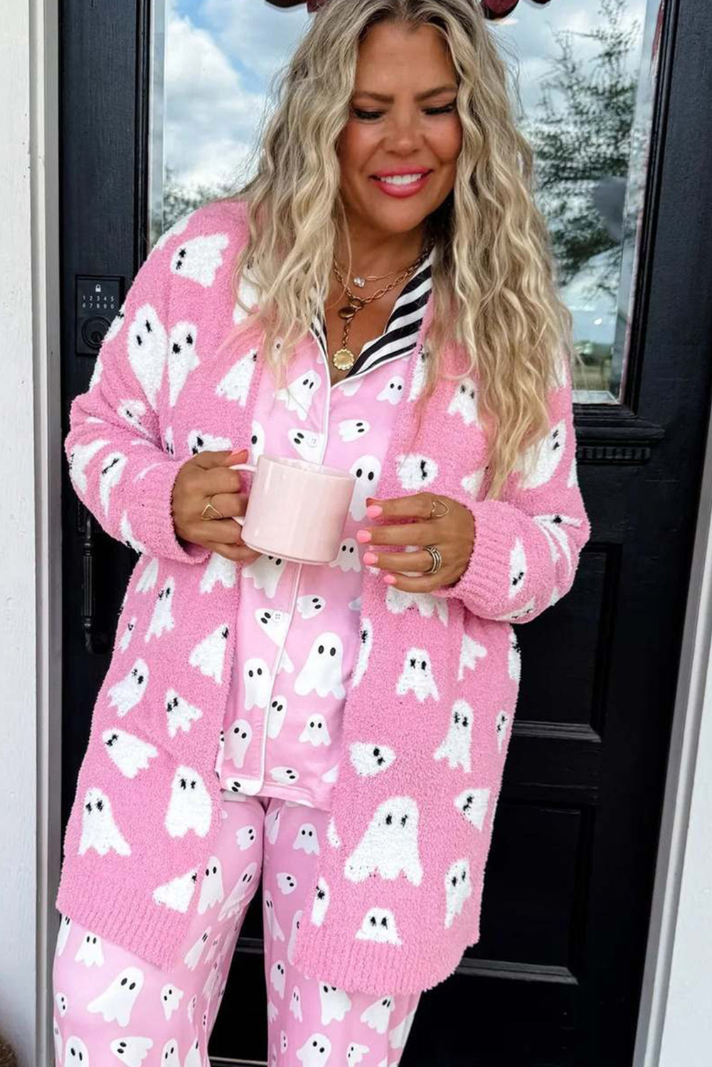 Black Halloween Plaid Ghost Pattern Mid length Knitted Cardigan Cardigans be3c9630429b693a