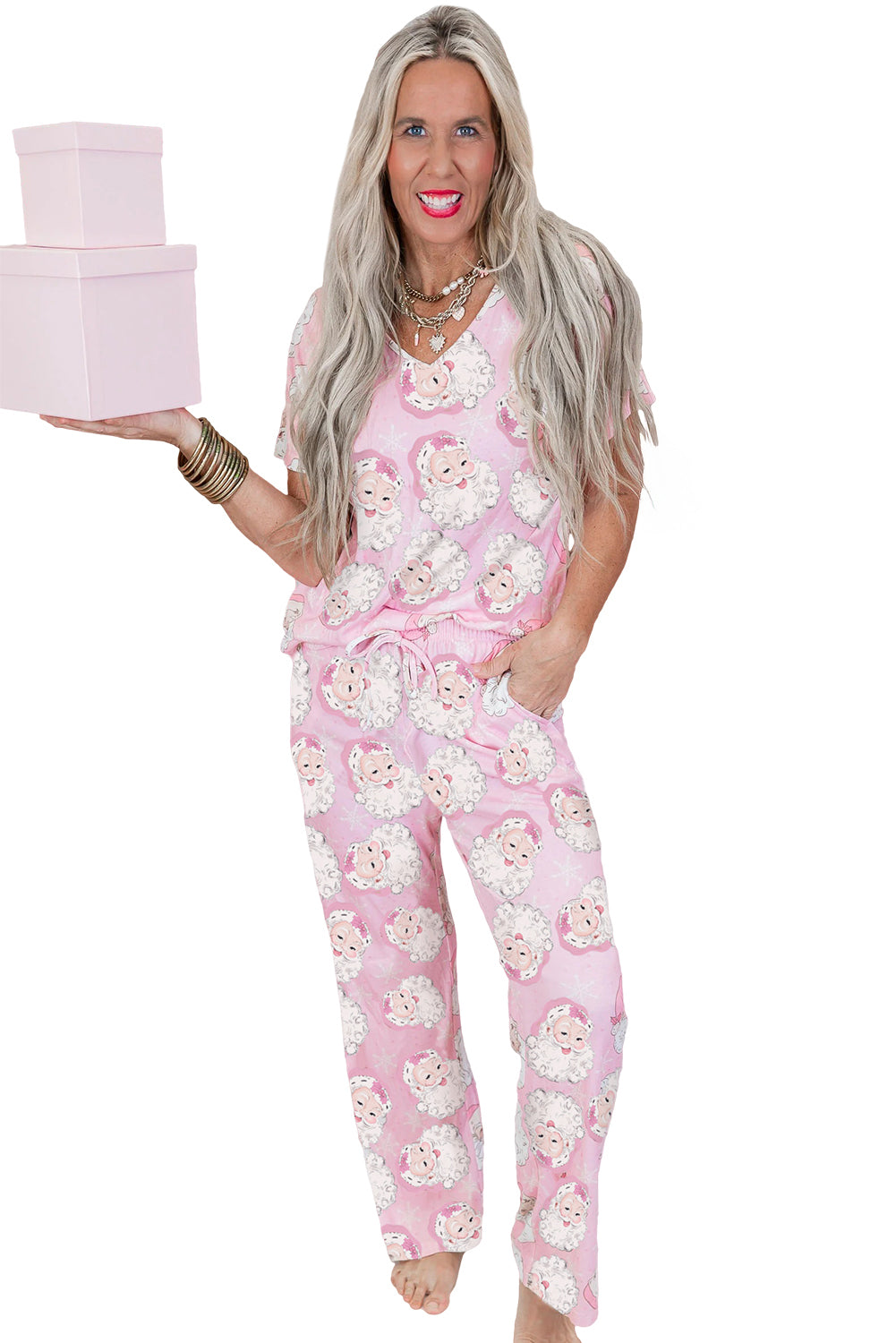 Pink Christmas Santa Claus V Neck Tee Drawstring Pants Pajama Set Loungewear Set be440758f5130626