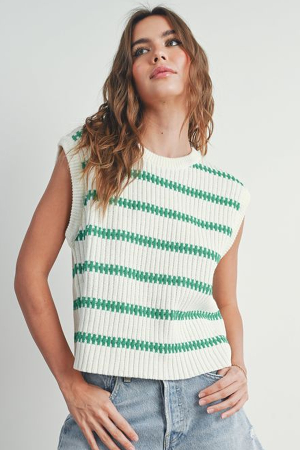 Bright Green Striped Sleeveless Knit Top Short Sleeve Sweater be4d32a3a782c7fc