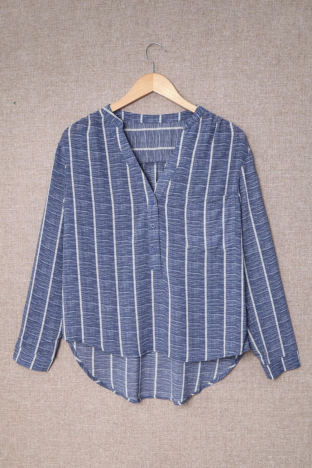 Blue Striped Print V Neck Half Buttons Loose Blouse Blouses & Shirts be4ef7639ba364fd