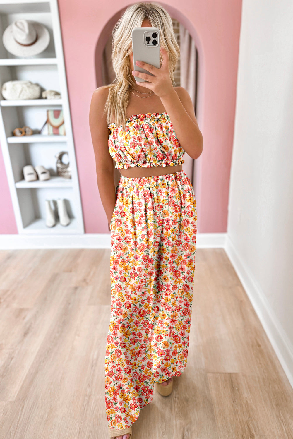 Pink Boho Floral Bandeau Top and High Waist Wide Leg Pants Set Two Piece Pants Sets be96a4c18807373b