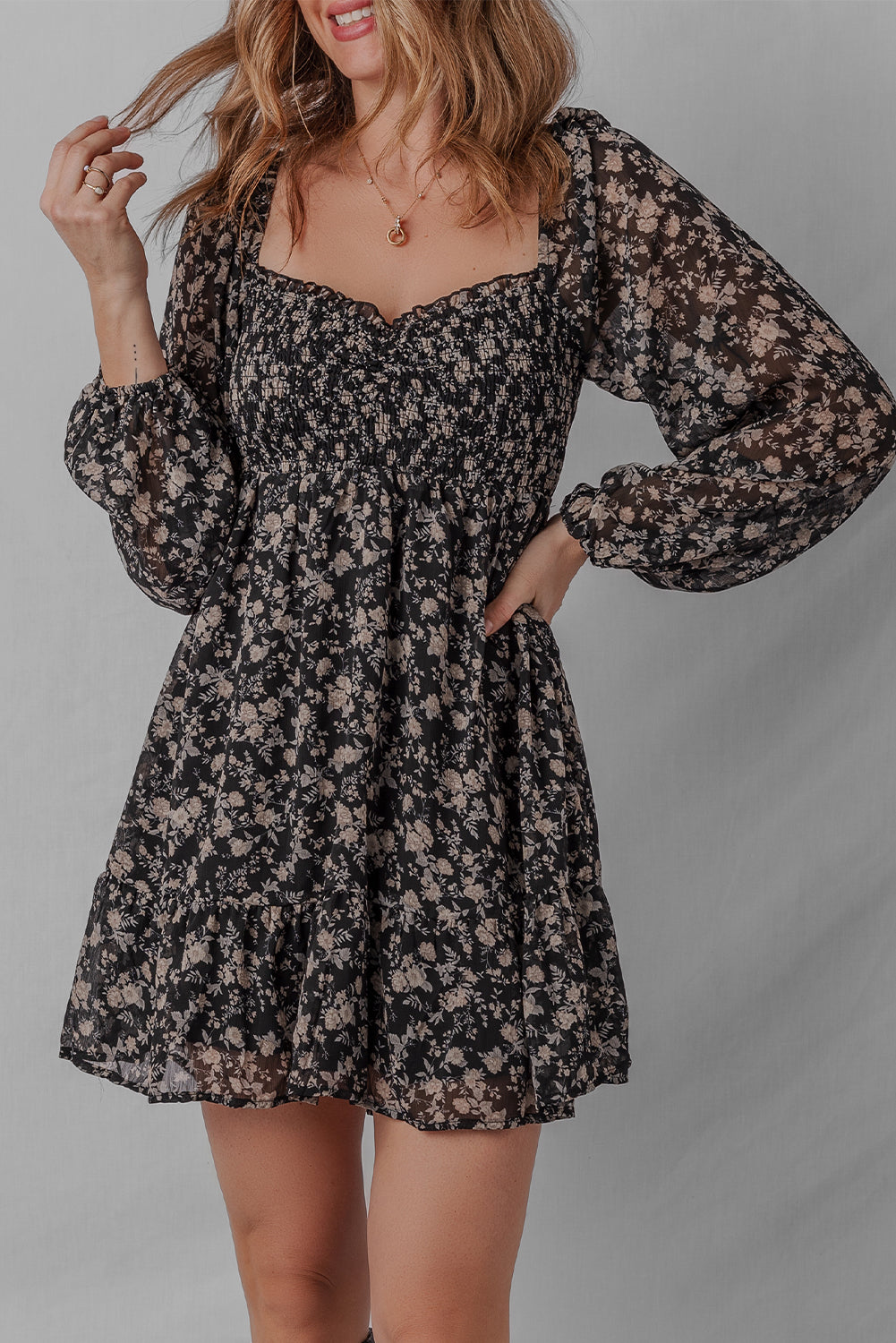 Black Floral Long Sleeve Frilly Shirred Square Neck Mini Dress Short Dresses bebcf8eafa3b3ae6