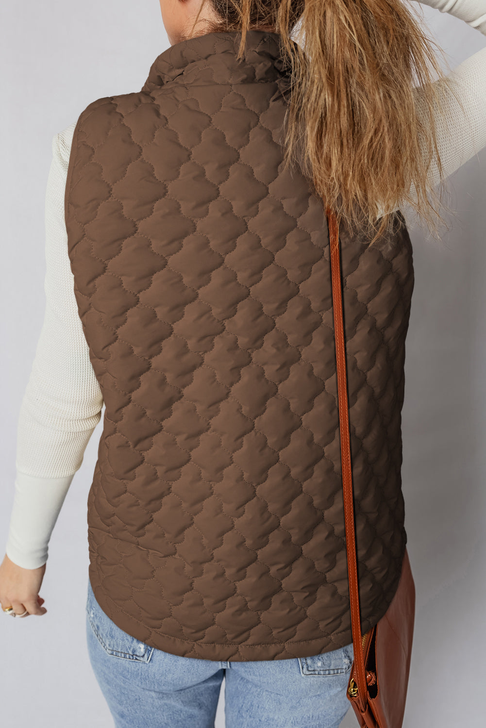 Dark Brown Flower Shape Quilted Snap Button Zip Up Winter Vest Coats bec9dc56977ee5b0