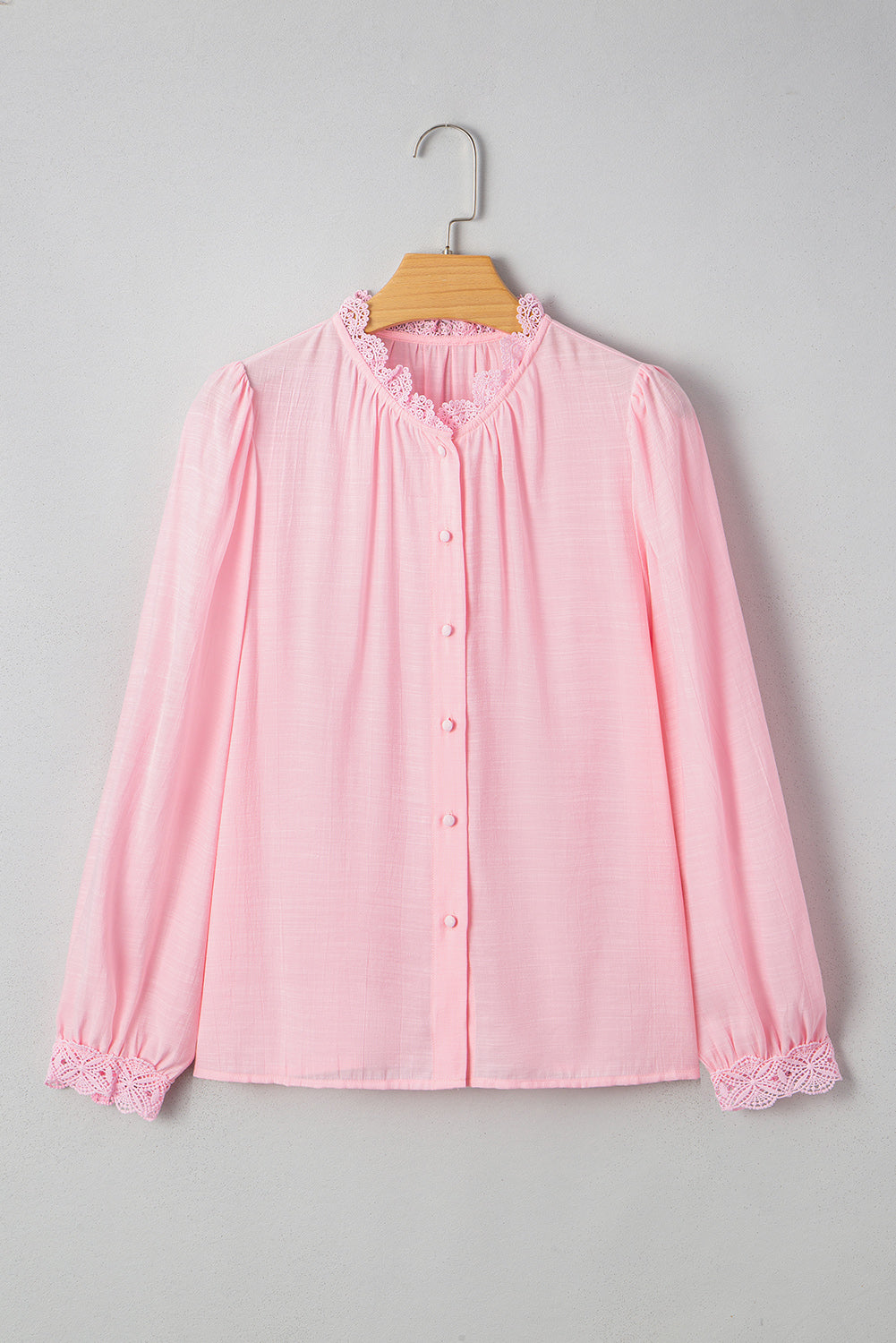 Gossamer Pink Lace Patchwork Edge Collarless Button Up Shirt Blouses beceafef521c7938