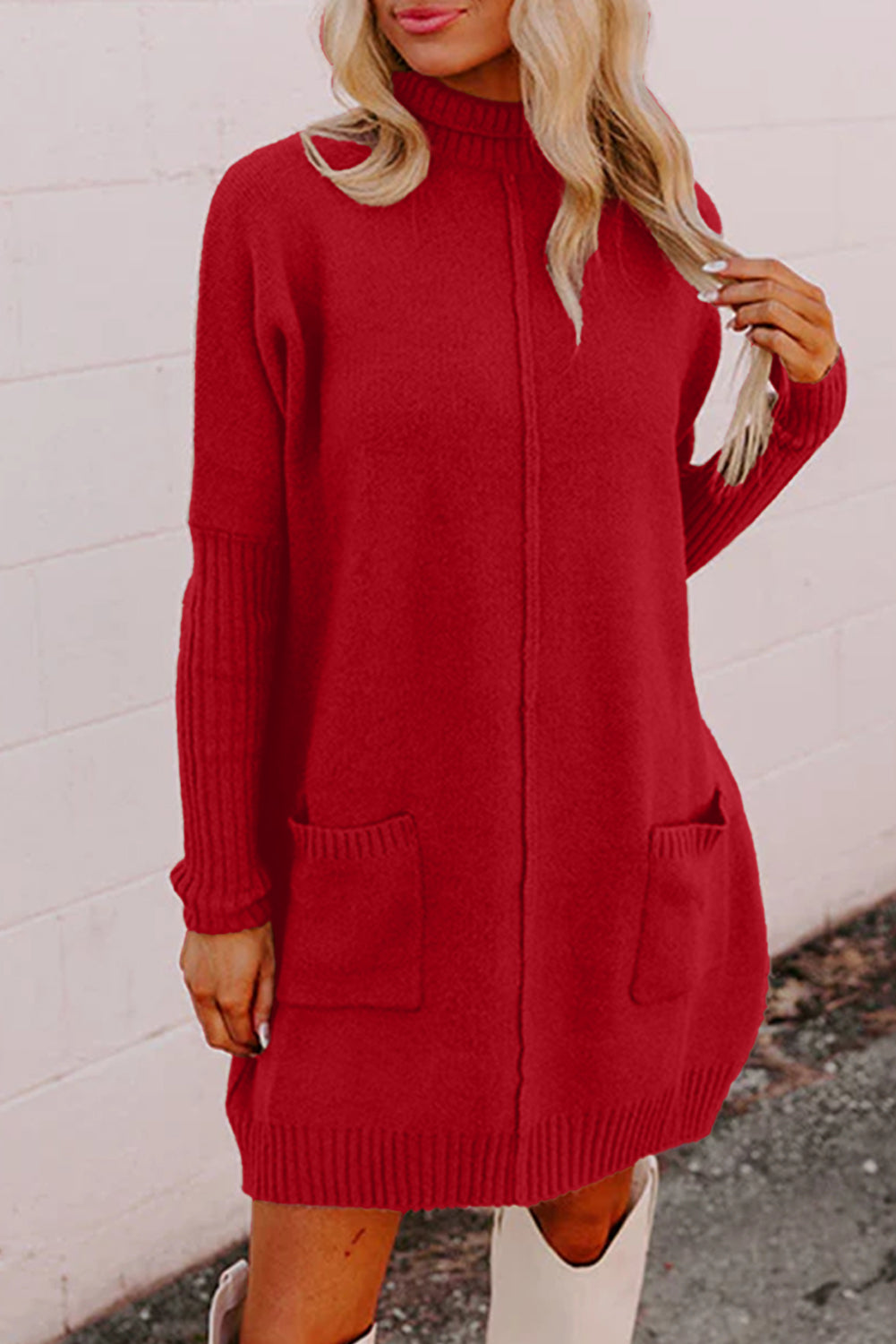 Fiery Red Ribbed High Neck Front Pockets Center Seam Sweater Dress Sweater Dresses bf3ed420cb8efa55