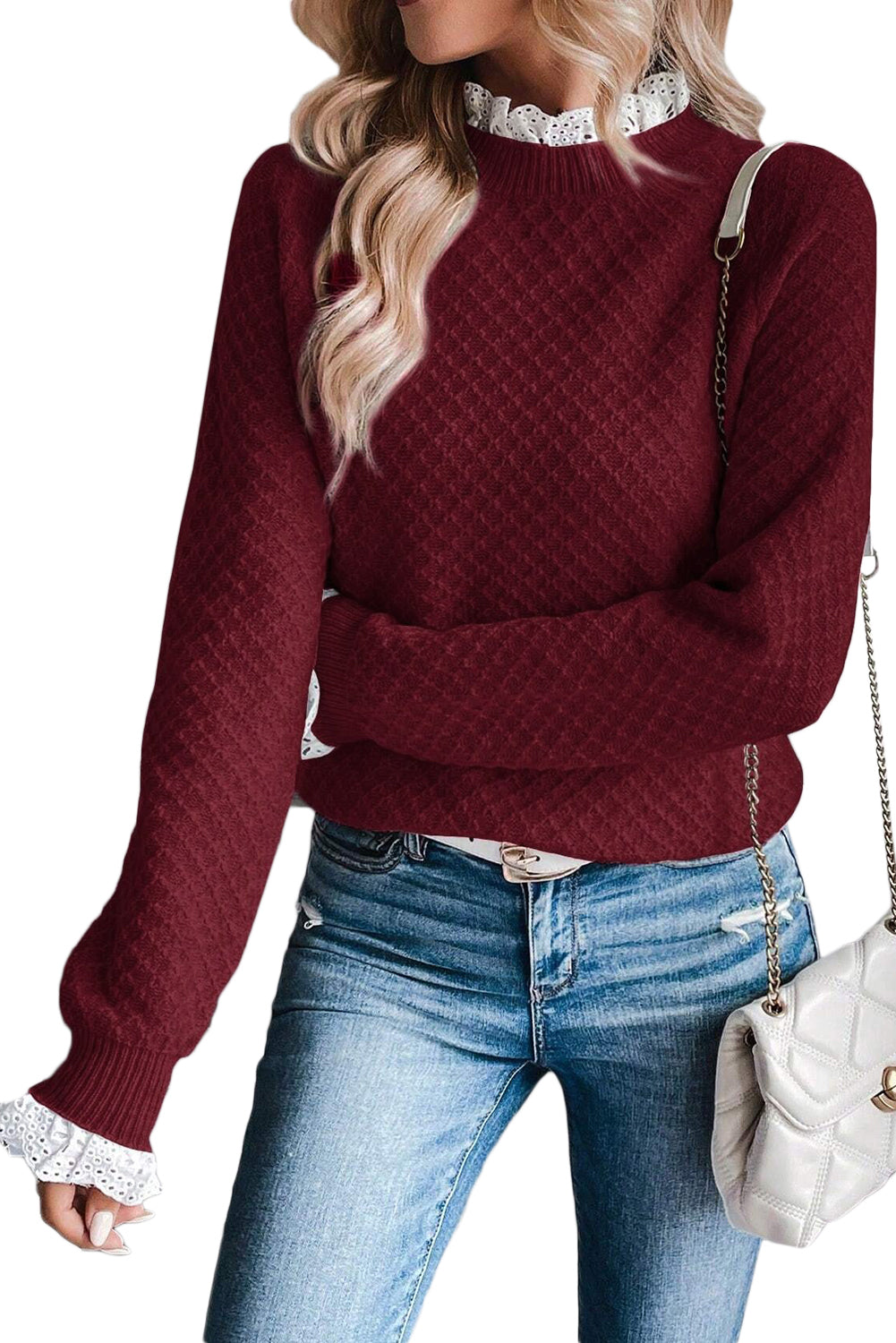 Burgundy Contrast Lace Frill Trim Raglan Sleeve Sweater Sweaters bf4e0bf5745413f1