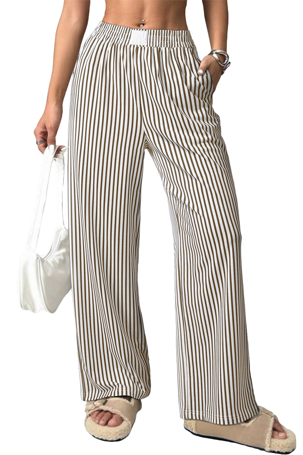 Brown Striped Elastic Waistband Pocketed Loose Pants Pants bf6973ec5d1d98a3