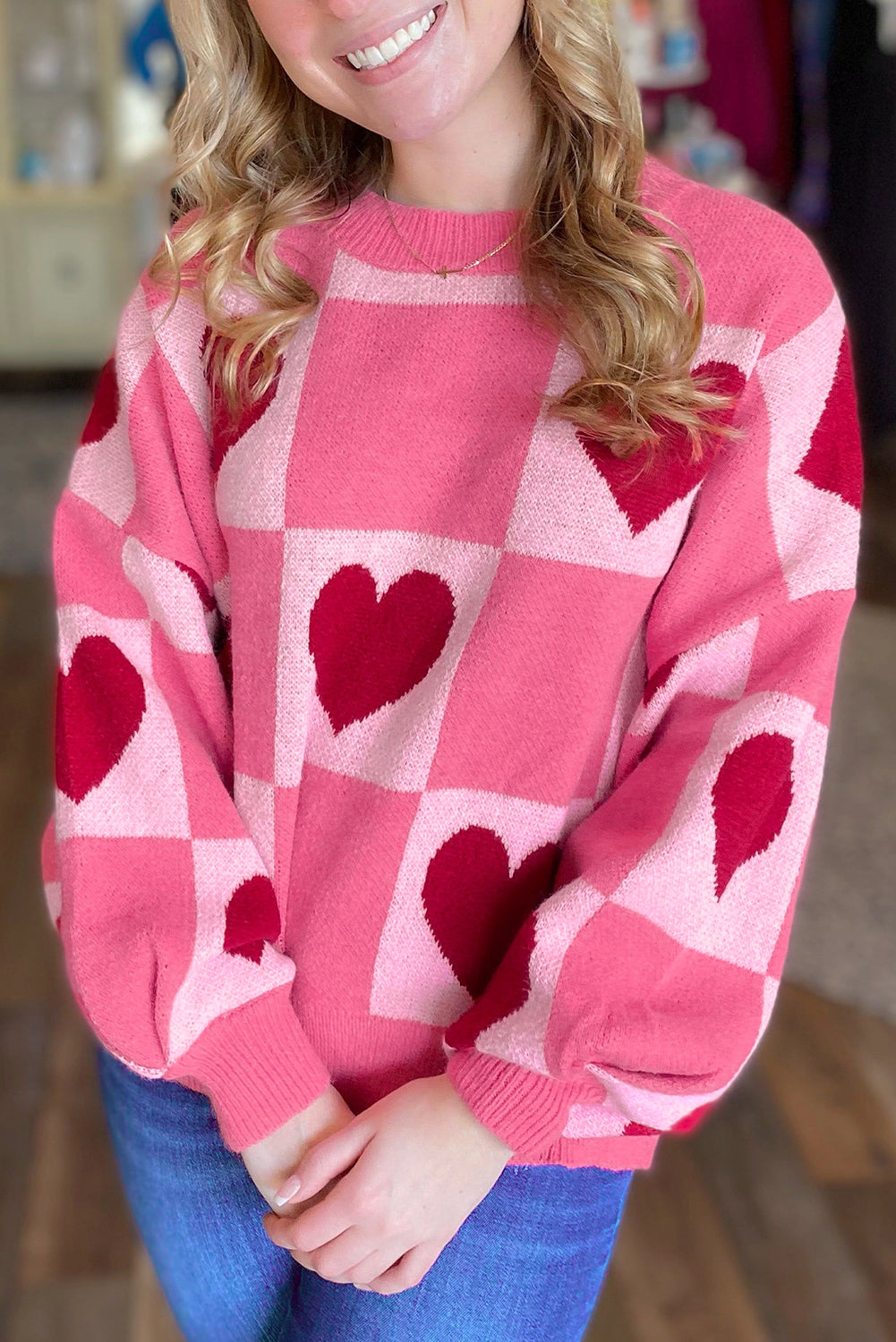 Pink Love Heart Checkered Valentine Knit Sweater Sweaters bfb7876b25775a53