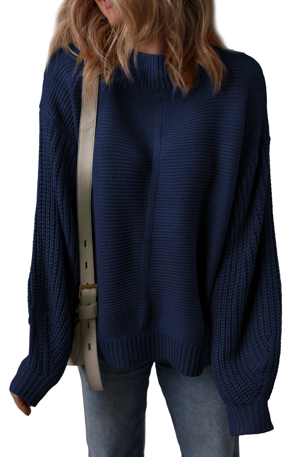 Dirty blue Solid Color Front Seam Drop Shoulder Loose Sweater Sweaters c00cdcf875c9bce5