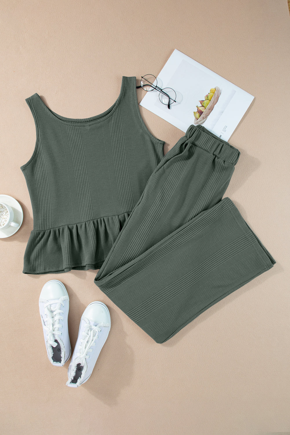 Duffel Green Solid Color Ribbed Ruffle Tank Top and Pants Set Two Piece Pants Sets c070e36af0283e6f