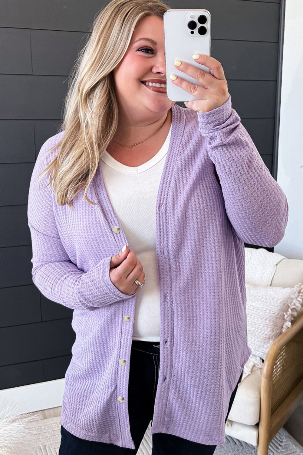 Orchid Petal Plus Size Waffle Knit Button Front Cardigan Plus Size Sweaters&Cardigans c09b7c315c3bca11