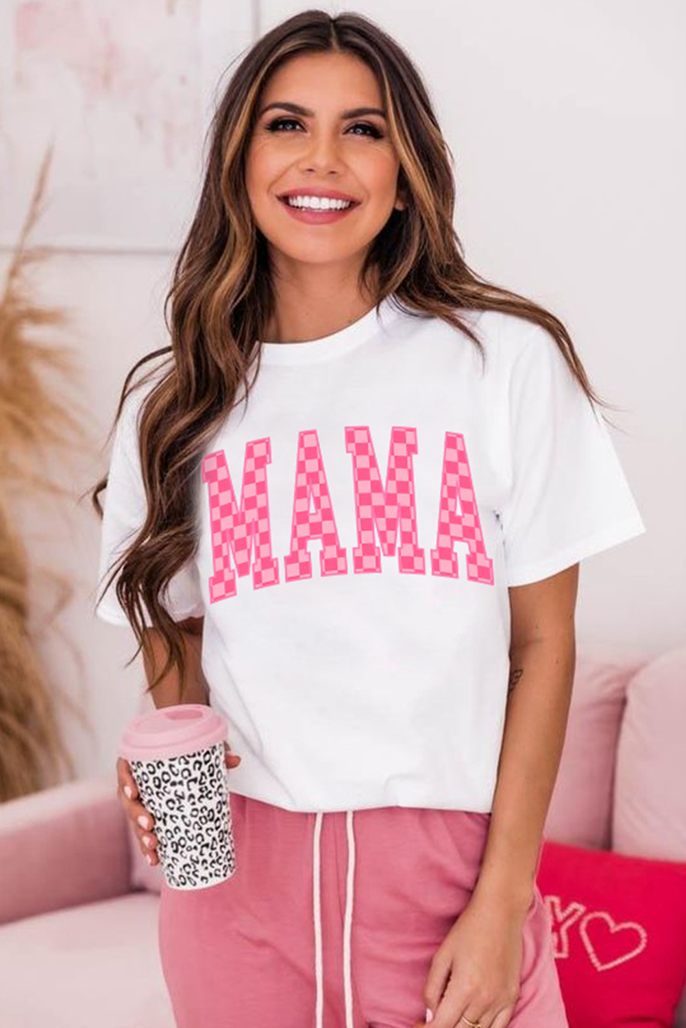 White Checkered MAMA Letter Heat Transfer Printing Graphic T Shirt Graphic Tees c09fb6dff5d18eaa