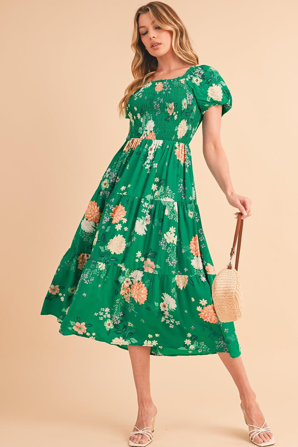 Green Floral Print Bubble Sleeve Smocked Tiered Midi Dress Midi Dresses c0bc4a04bb8583ed