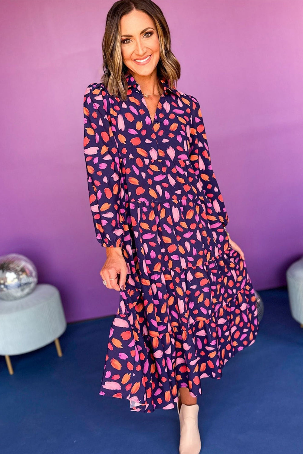 Purple Floral Print Collared Tiered Flowy Long Dress Maxi Dresses c0e976275ec9fc3d