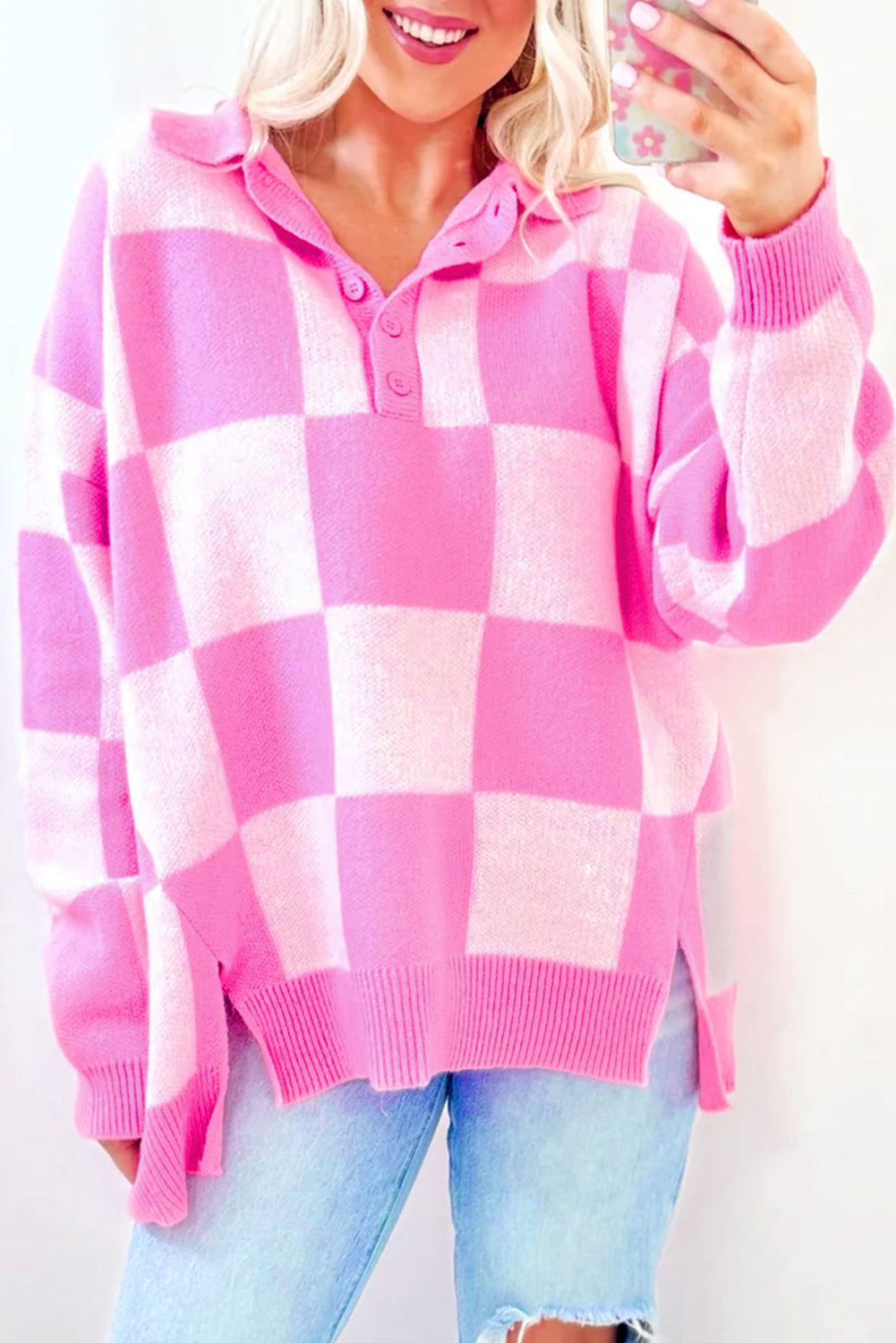 Pink Checkered Button Collared Sweater Sweaters c122b657386d5364