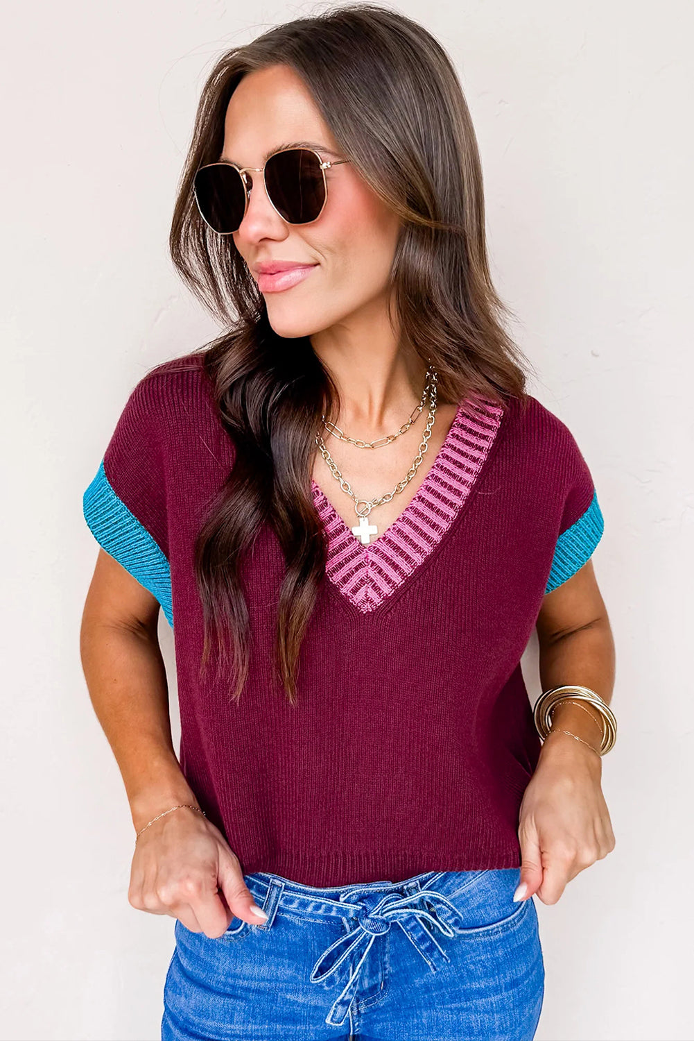 Burgundy Contrast Trim V Neck Cuffed Short Sleeve Loose Sweater Short Sleeve Sweater c136ab74a835f64a