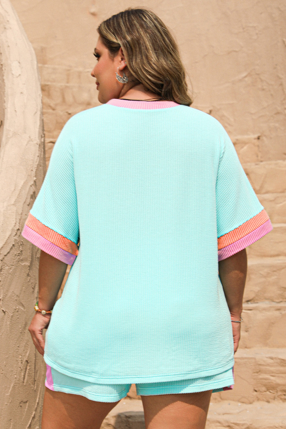 Bonbon Colorblock Corded Plus Size Two Piece Shorts Set Plus Size Matching Sets c13bd35eb33ed245