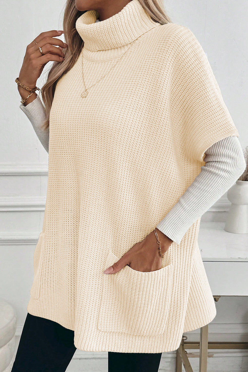 Jet Stream Plain Knit Casual Turtleneck Short Sleeve Tunic Sweater with Pockets Sweaters c13c5278be752e94