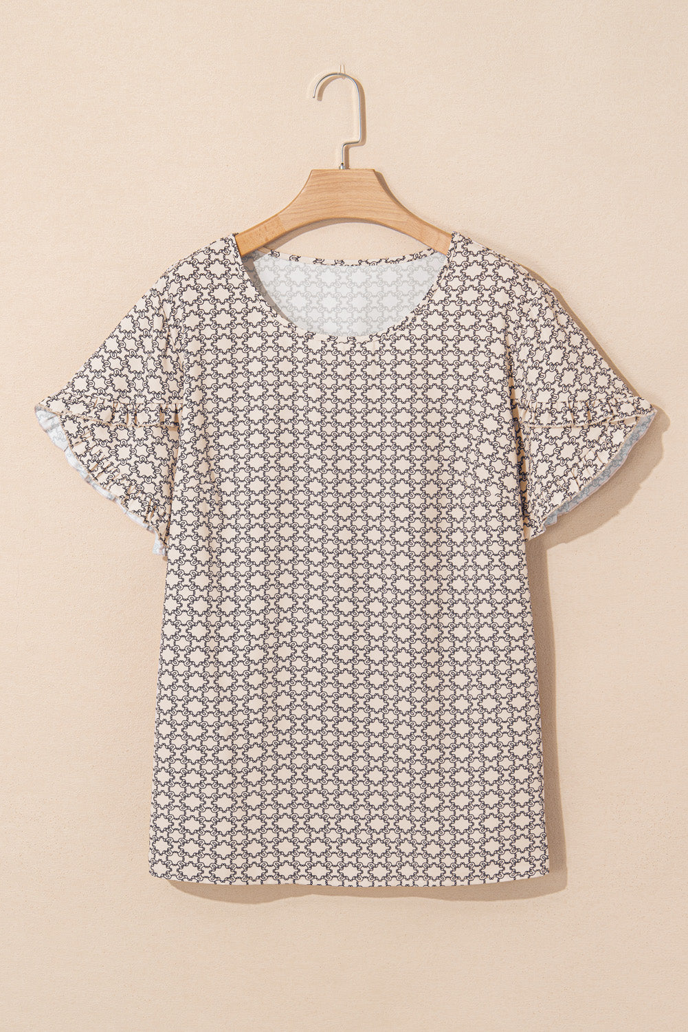 Khaki Geometric Print Frill Tulip Sleeve Plus Size Blouse Plus Size Tops c1451b28dc9747a4