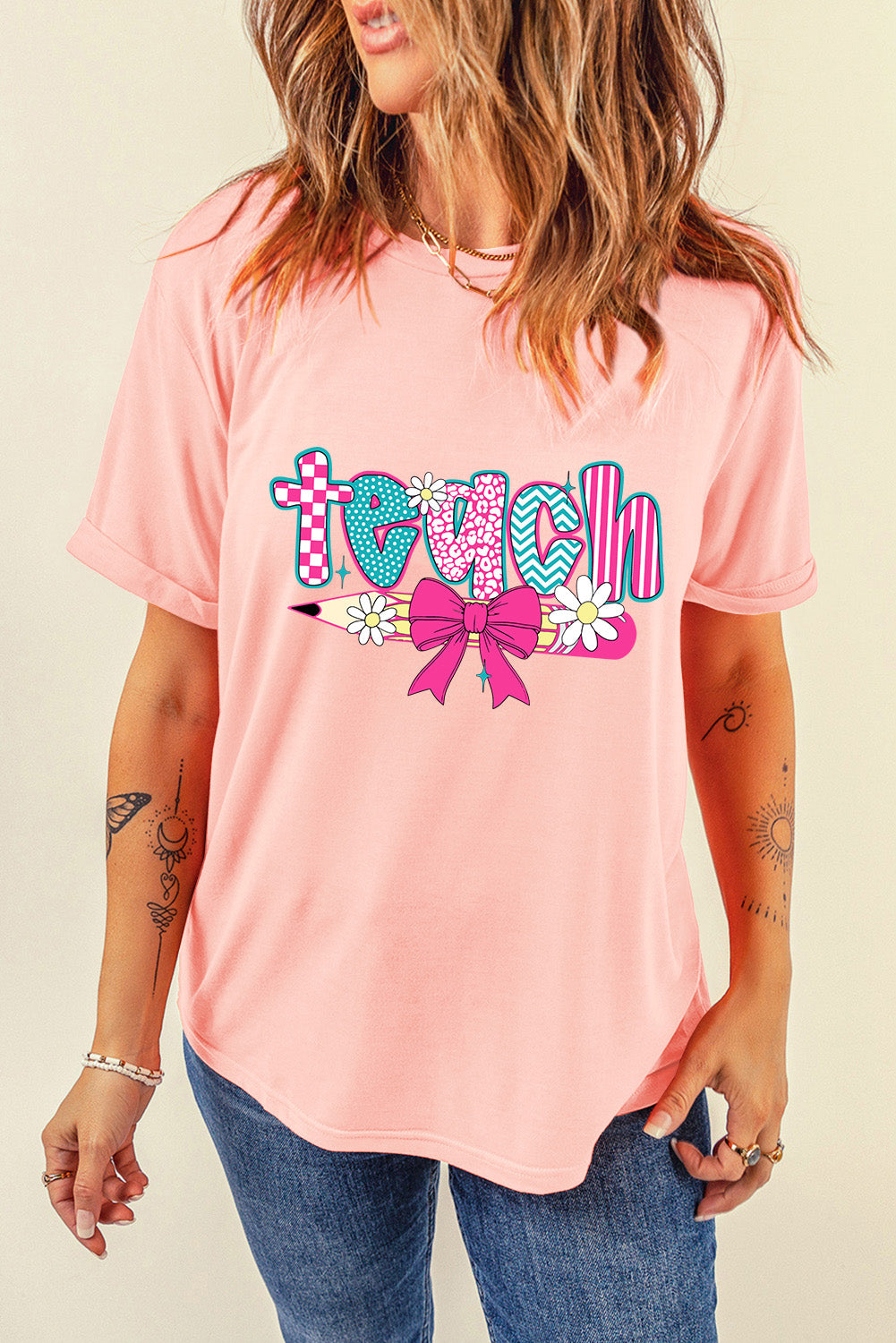 Pink Retro Checkered teach and Bow Pencil Heat Transfer Printing Graphic T Shirt Graphic Tees c17dd6cb4db49d68