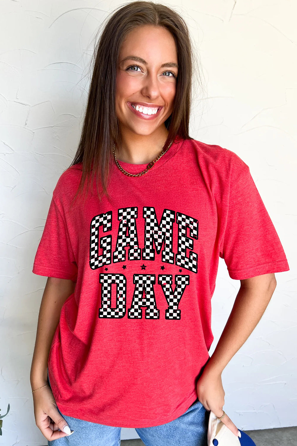 Red Checkered Game Day Heat Transfer Printing Graphic T Shirt Graphic Tees c18732407b8deb9d