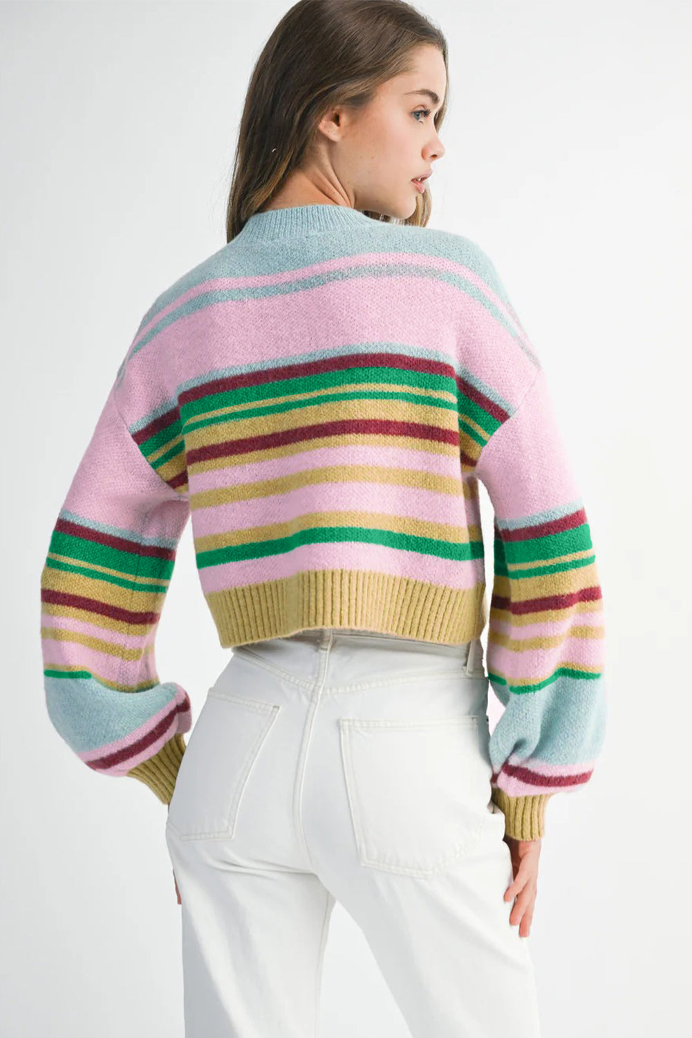 Multicolour Striped Knit Ribbed Trim Boxy Fit Cropped Sweater Sweaters c1e848816e113927