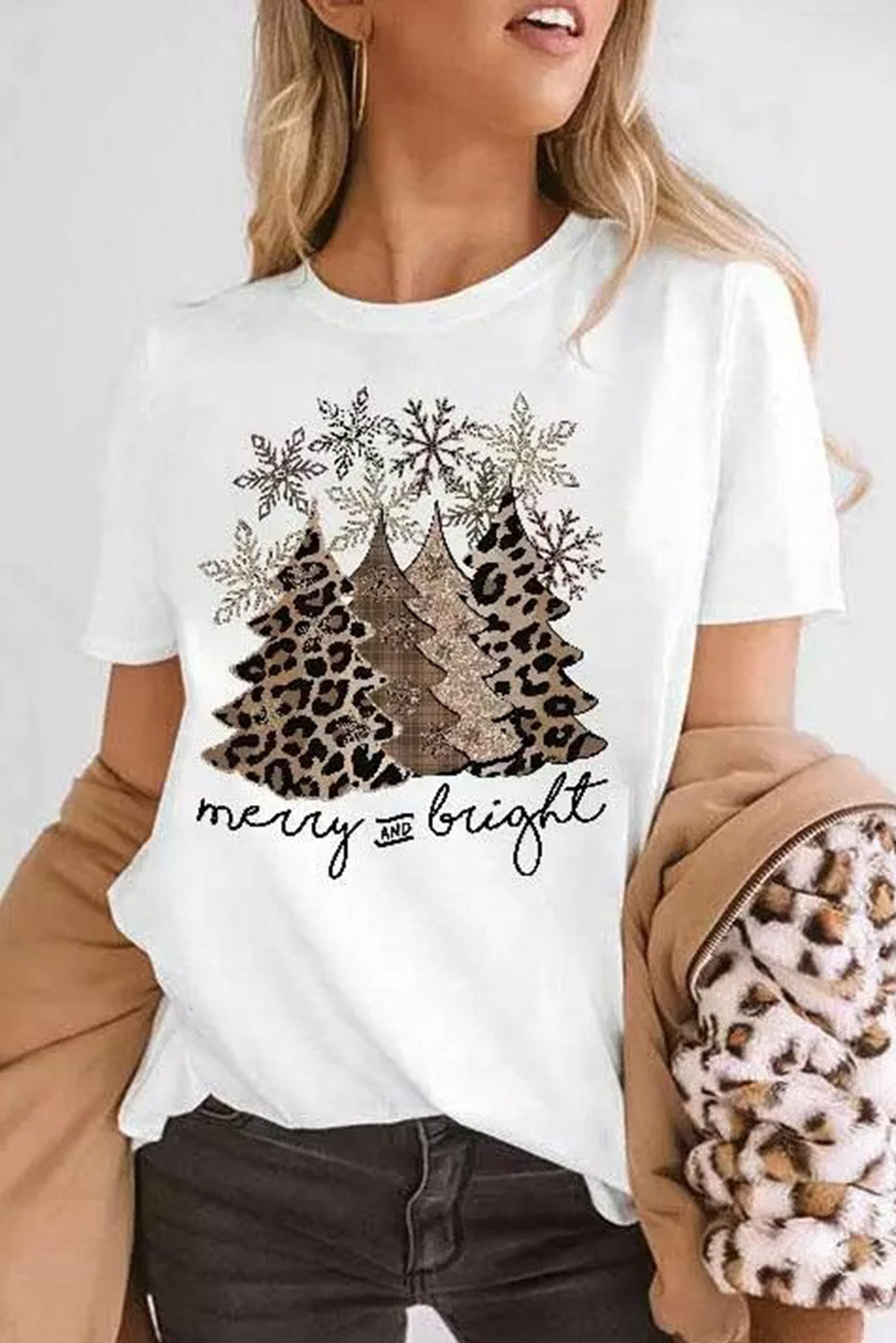 White Leopard Christmas Tree Casual Crew Neck Graphic Tee Graphic Tees c1ebe023c597fc8c
