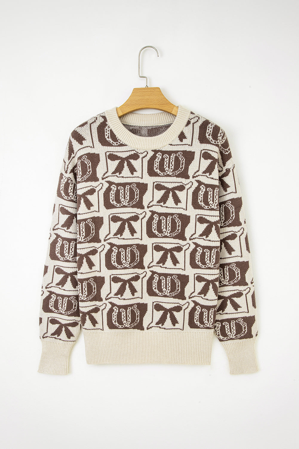 Brown Colorblock Bow Pattern Drop Sleeve Sweater Sweaters c20f5d9dba6f7f5f