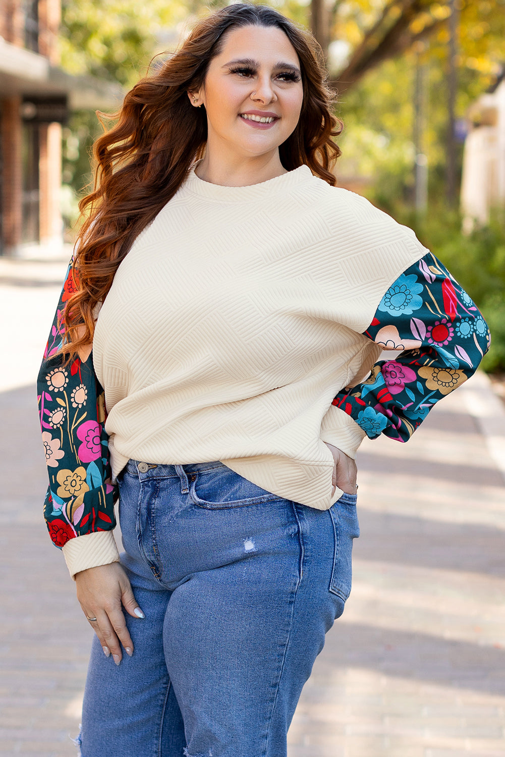 White Floral Patchwork Sleeve Textured Plus Size Pullover Top Plus Size Tops c2375b14a3cb1ecf
