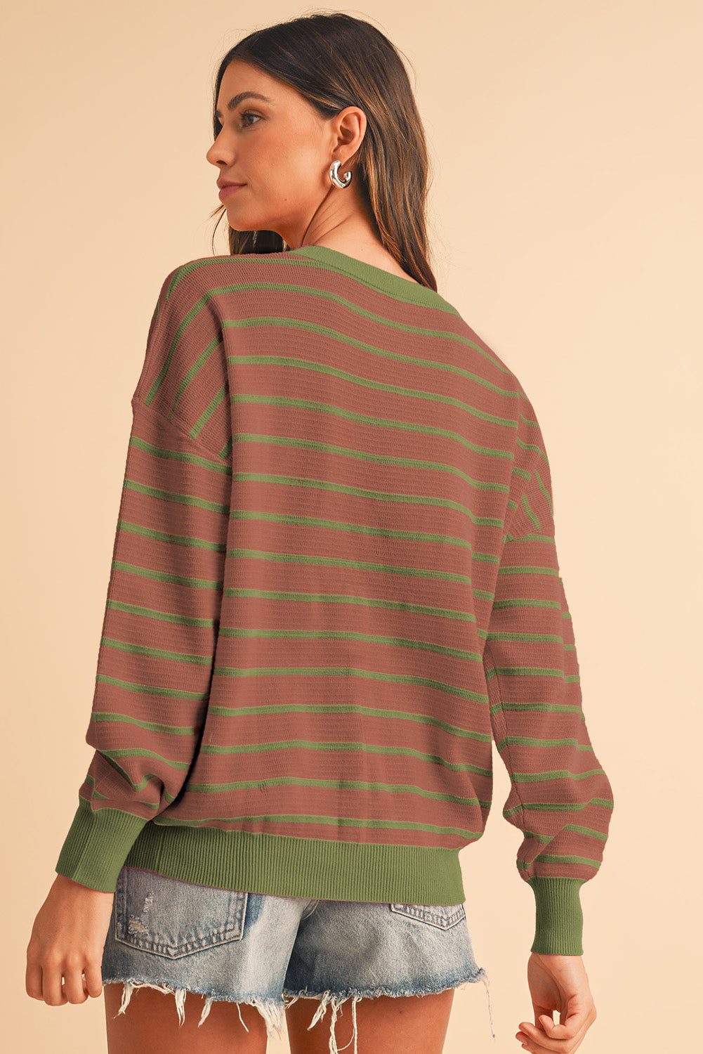 Orange Stripe Round Neck Drop Shoulder Loose Sweater Sweaters c24dd946fd5b6e9f