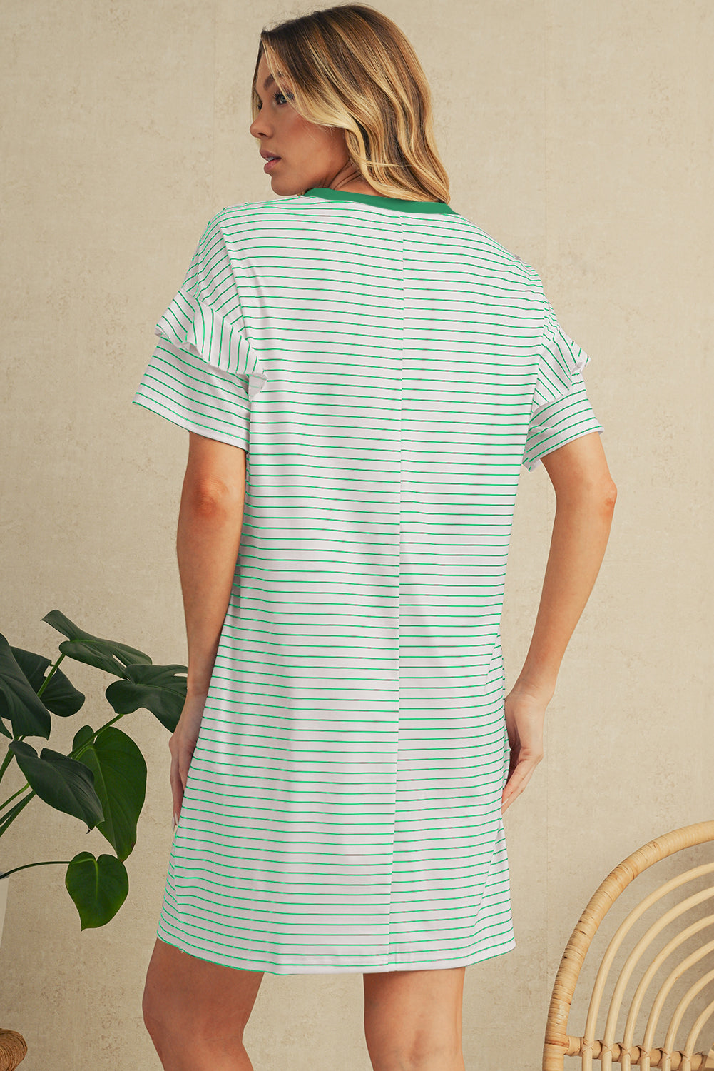 Green Stripe Ruffle Short Sleeve T Shirt Mini Dress Short Dresses c2589c4a01d9780e