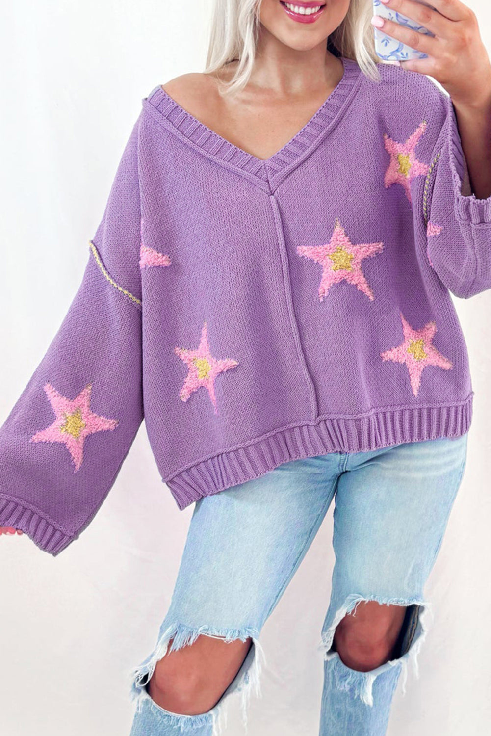 Lavendula Brushed Star Graphic V Neck Drop Shoulder Oversize Sweater Sweaters c269318054127e2d
