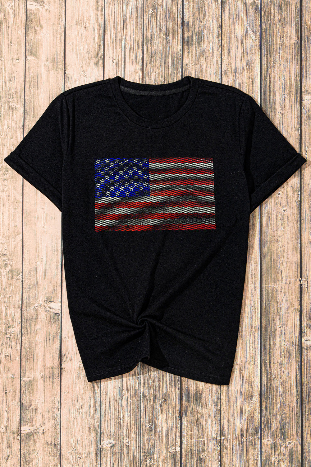 Black Rhinestone American Flag Graphic Round Neck Tee Graphic Tees c2827406920f25a9