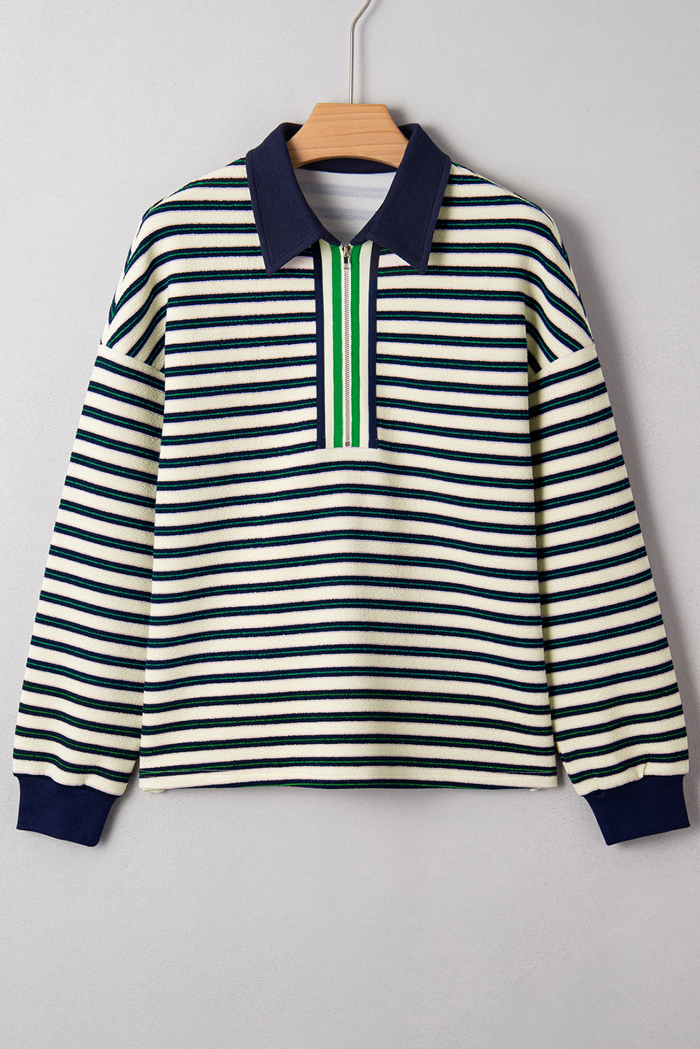 Navy Blue Pop of Color Zipper V Neck Striped Long Sleeve Top Long Sleeve Tops c2a95fcfa08d4766