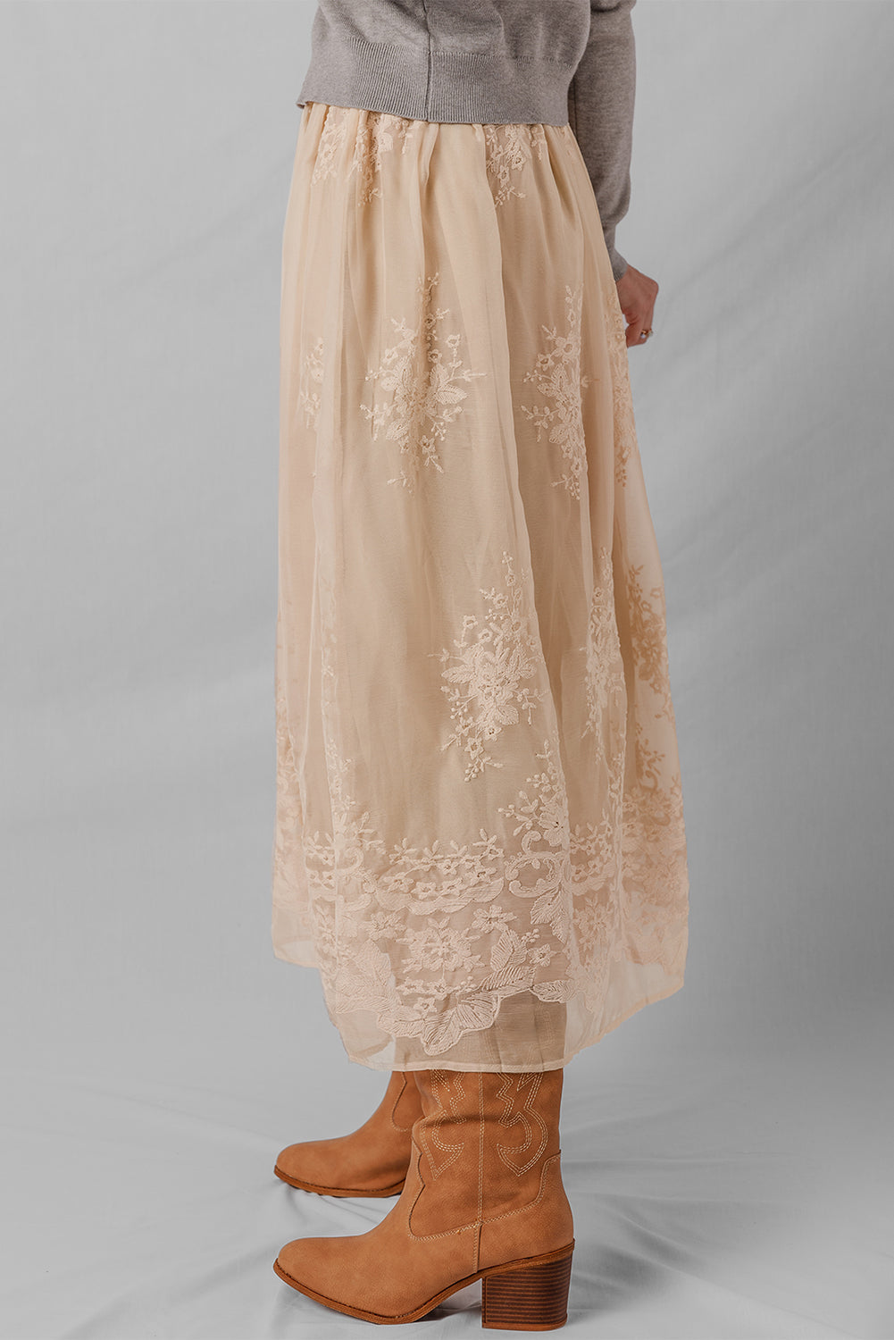 Oatmeal Embroidered Mesh Overlay Flowy Long Skirt Skirts c2cc43f8644c7b64