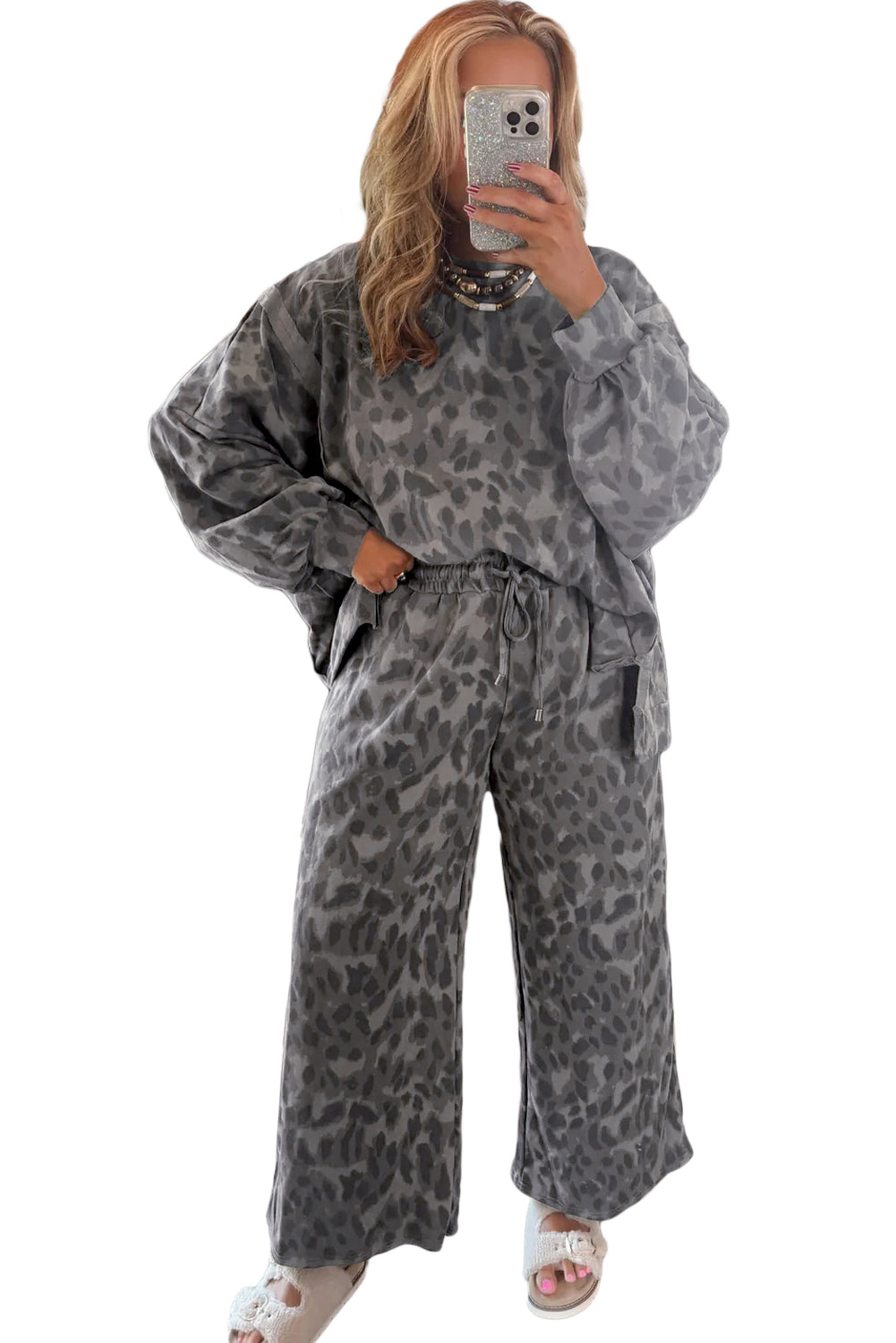 Brown Allover Leopard Print Pullover Drawstring Loose Pants Set Two Piece Pants Sets c2fac0f94f8aaffd