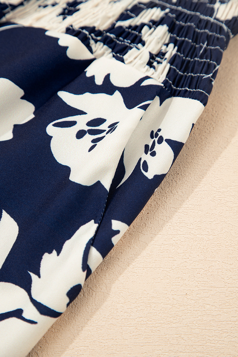 Blue Floral Smocked Frill Waist Wide Leg Pants Pants c32e1878d7086d59