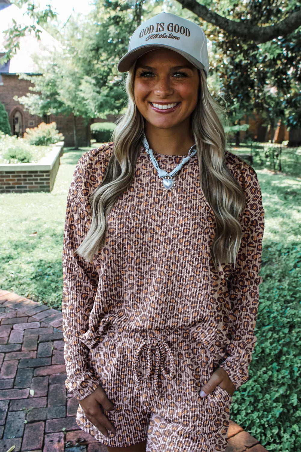 Khaki Leopard Ribbed Long Sleeve Top Drawstring Shorts 2pcs Outfit Short Sets c3a454175ea63006