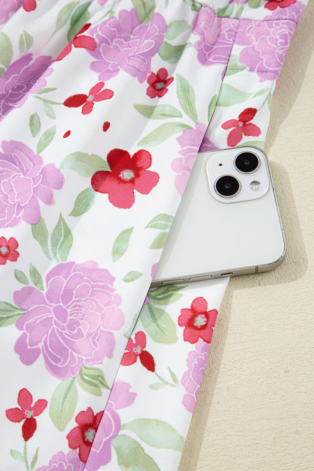 Pink Floral Print Striped Trim Flowy Mini Dress Short Dresses c3b1bbde7cad3c91