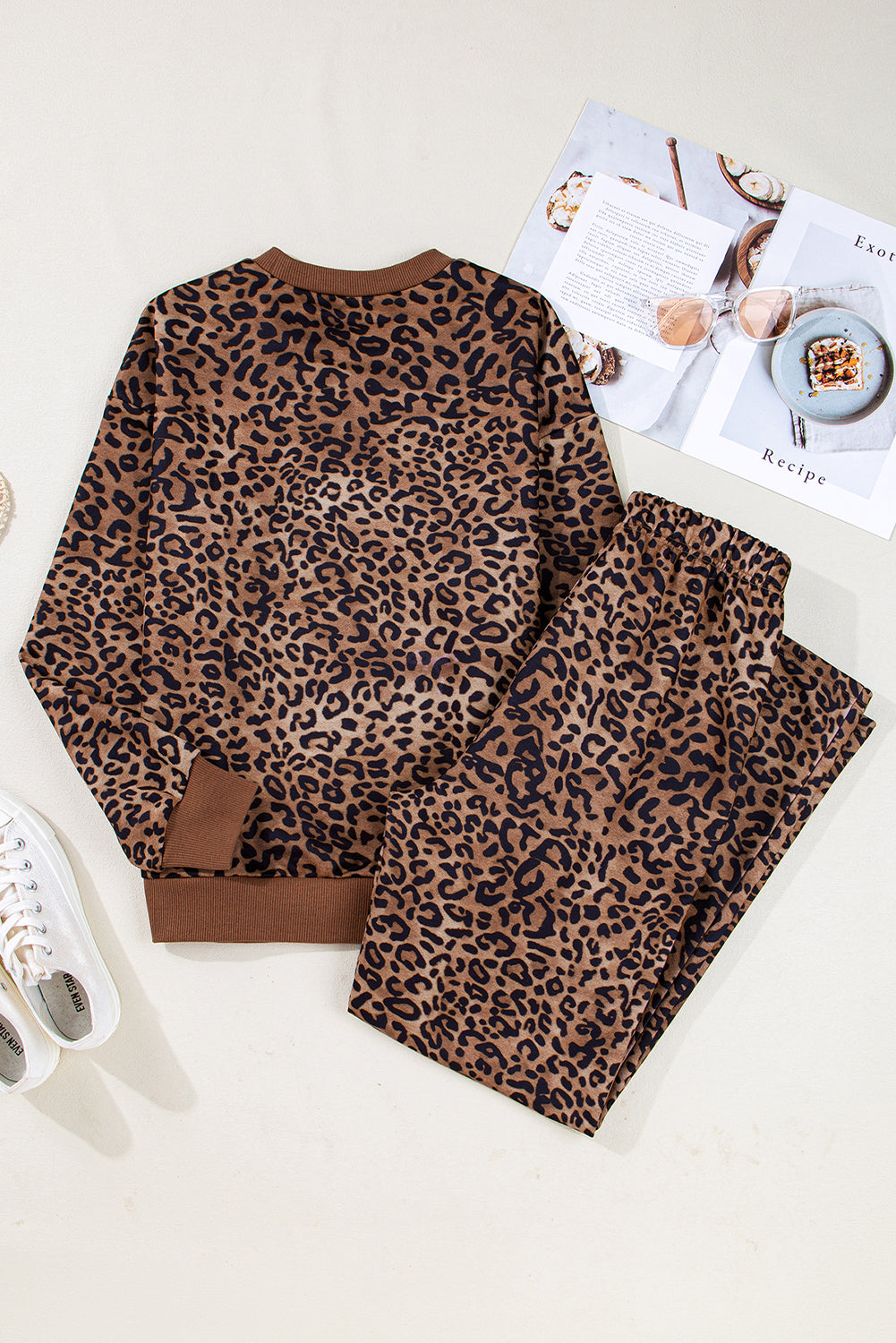 Coffee Allover Leopard Print Contrast Trim Long Sleeve Top and Pants Set Two Piece Pants Sets c3ebbde8650efffb