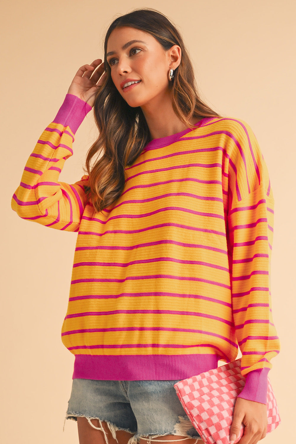 Orange Stripe Round Neck Drop Shoulder Loose Sweater Sweaters c401b0e8a34371e6