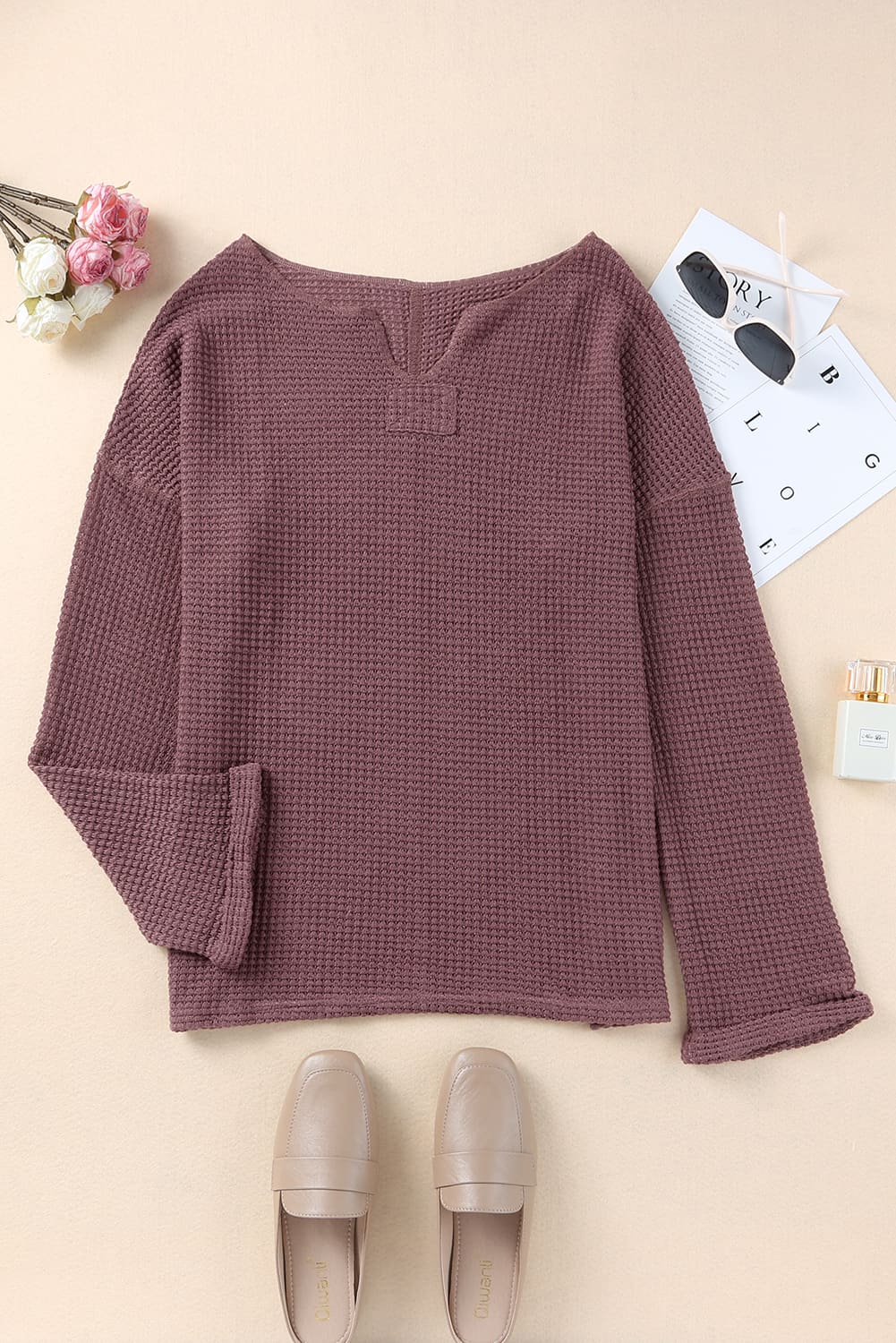 Purple Waffle Knit Split V Neck Drop Shoulder Long Sleeve Top Long Sleeve Tops c4218f6c078a7903