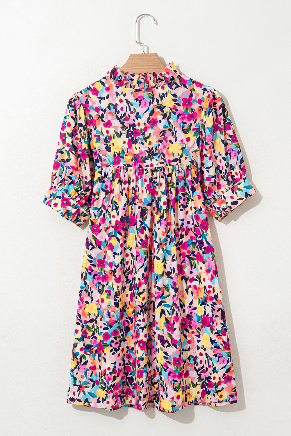 Pink Floral Puff Short Sleeve V Neck Mini Dress Short Dresses c42861263386faae