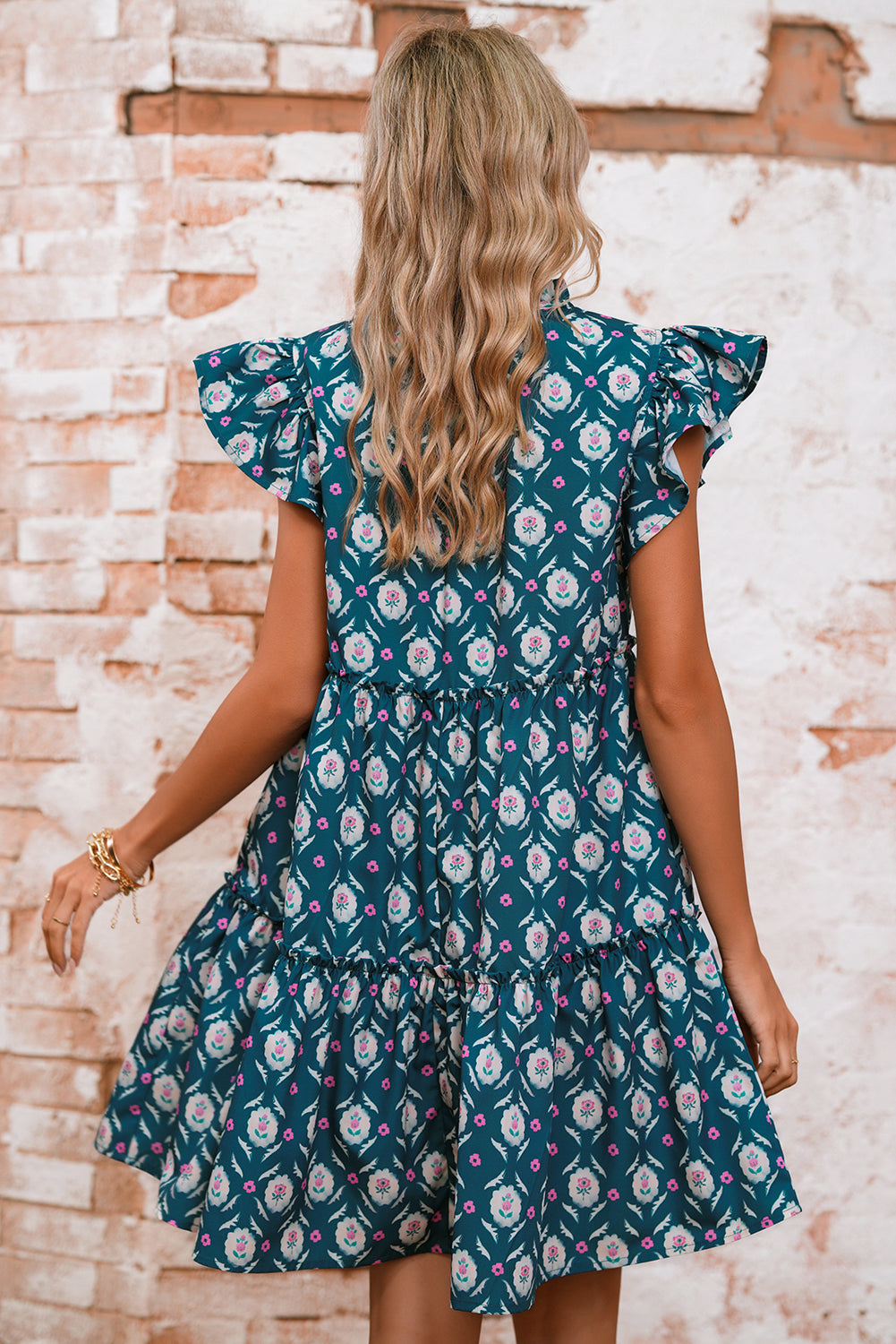 Blue Retro Floral Print Split Neck Ruffle Short Sleeve Dress Short Dresses c451c794152e5d46