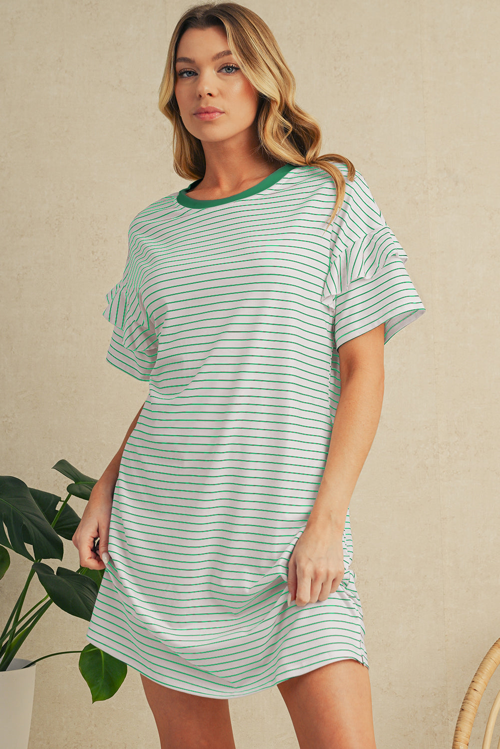 Green Stripe Ruffle Short Sleeve T Shirt Mini Dress Short Dresses c5107cf5f605e026